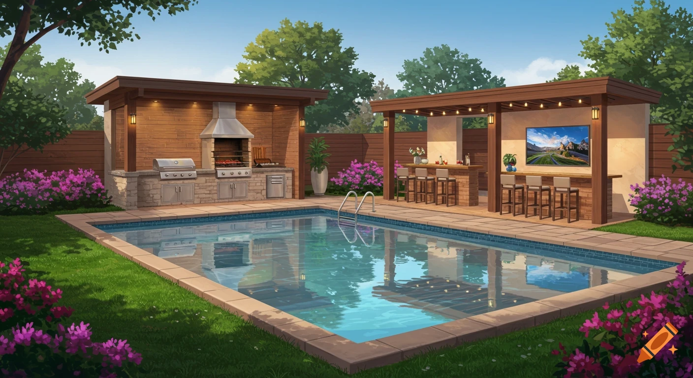 A digital painting of a luxurious backyard with a swimming pool, built-in BBQ, and bar with a TV screen.