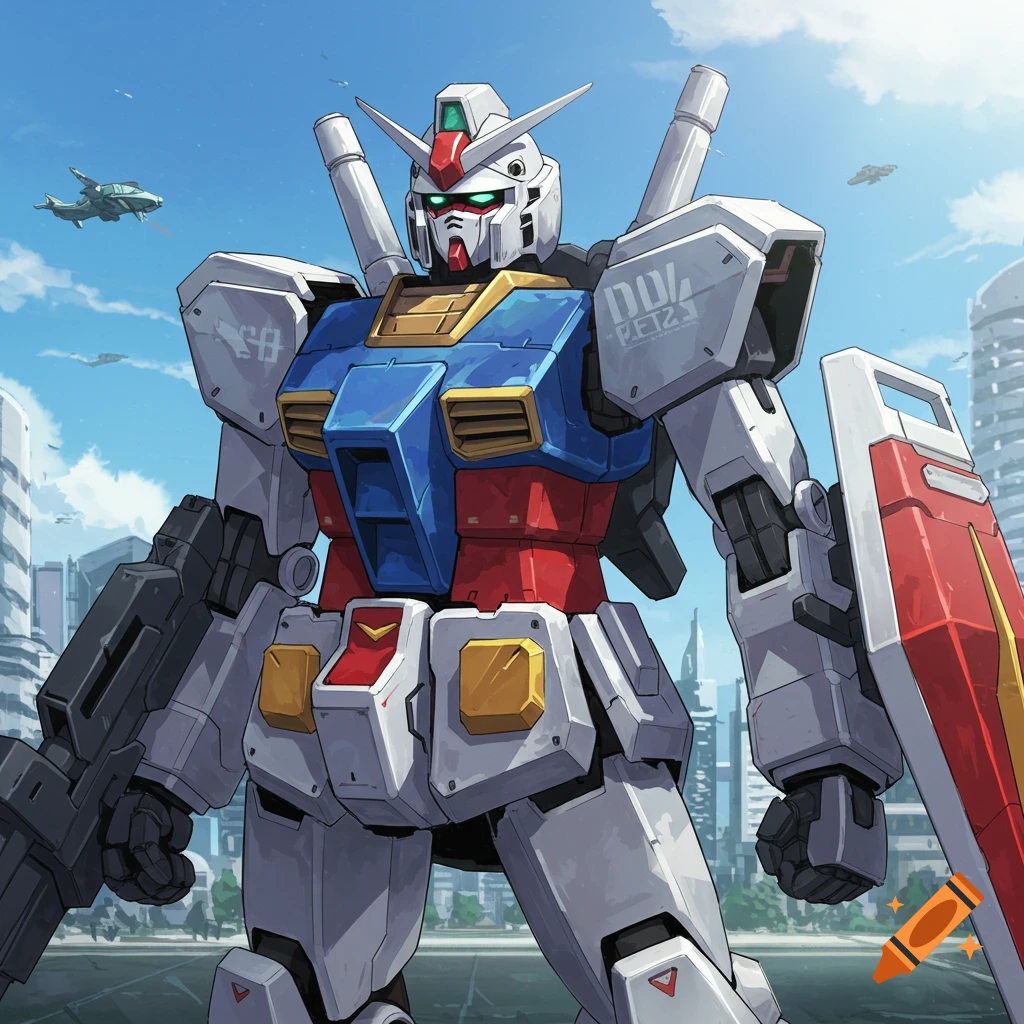 A Gundam robot stands tall in a city.