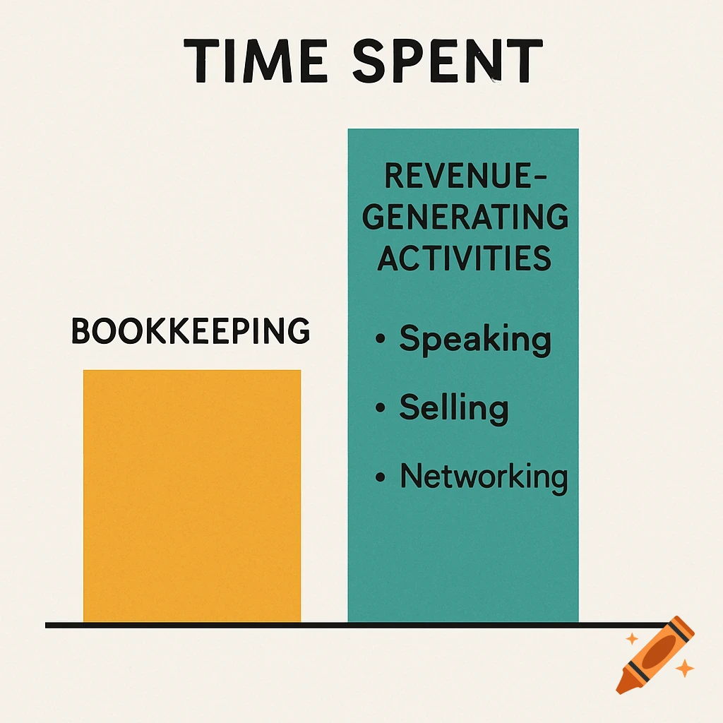 Bar chart comparing time spent on bookkeeping vs. revenue-generating activities (speaking, selling, networking).