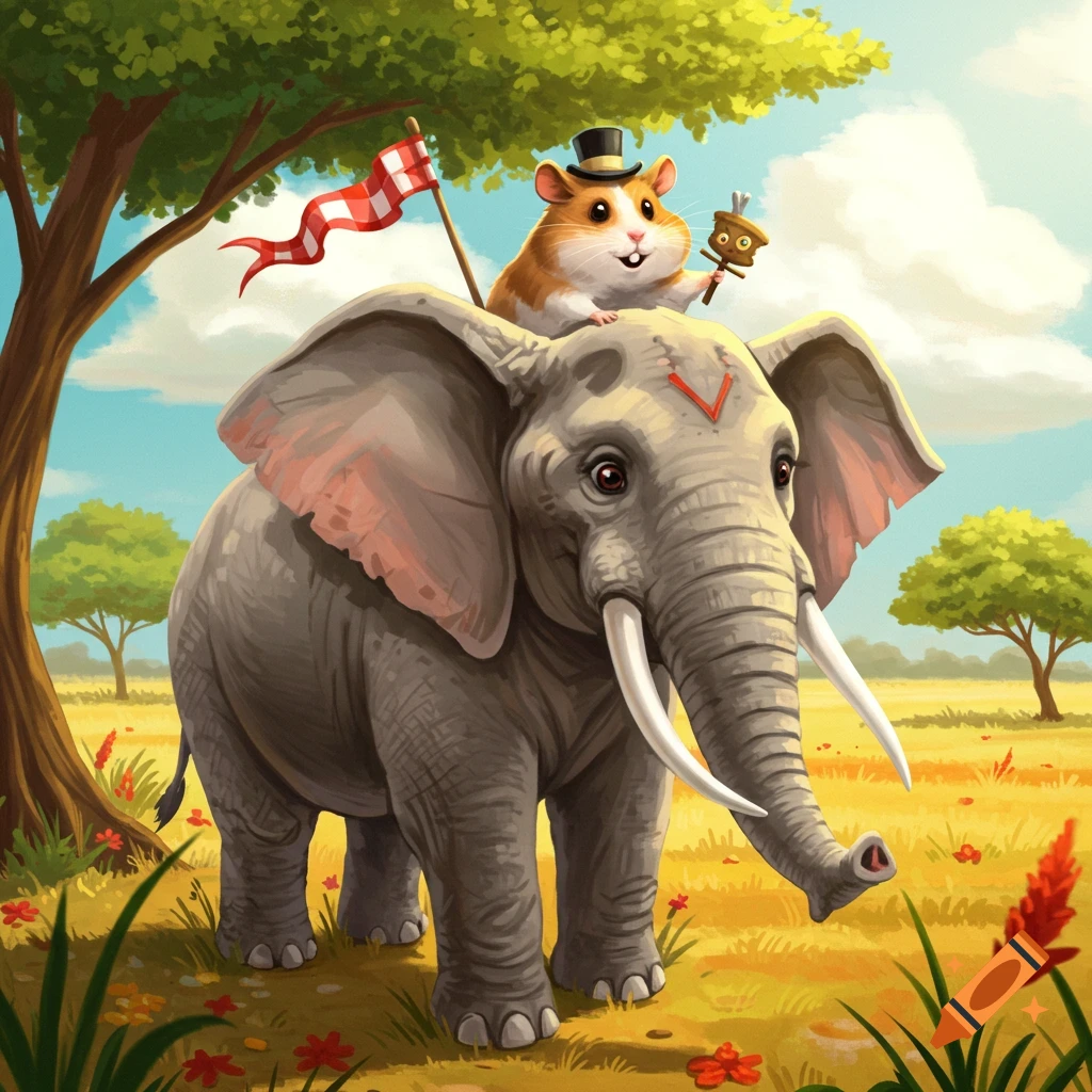 A cartoon hamster in a top hat rides an elephant, holding a flag, in a sunny landscape.