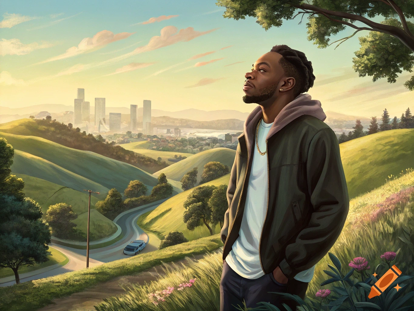 A man looks out over a rolling green landscape towards a distant city skyline in a painted style.