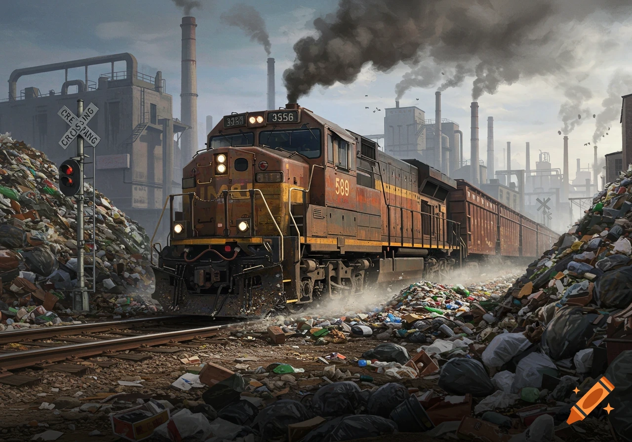 A rusty train moves through piles of trash next to an industrial city at a railroad crossing.