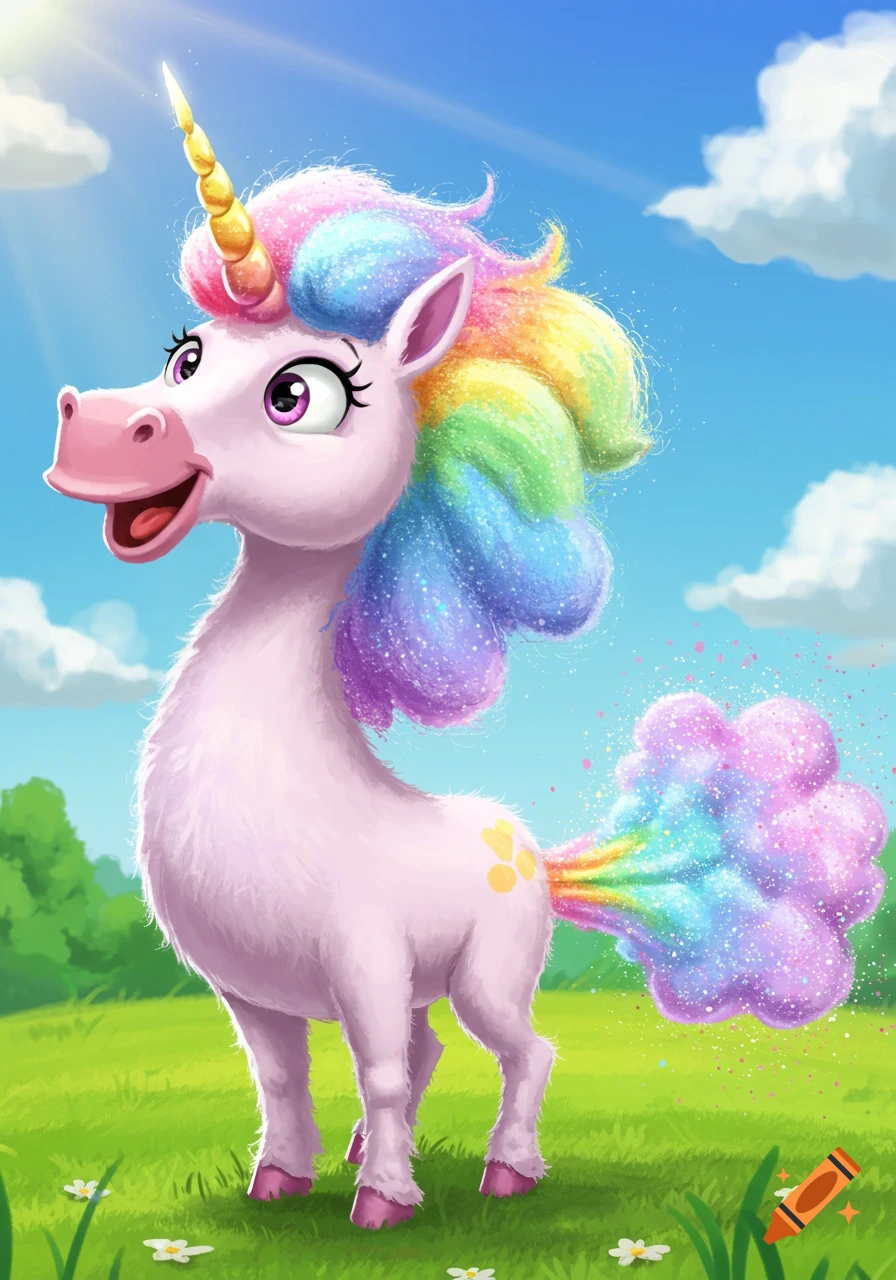 Cartoon unicorn farting a sparkly rainbow cloud in a sunny field.