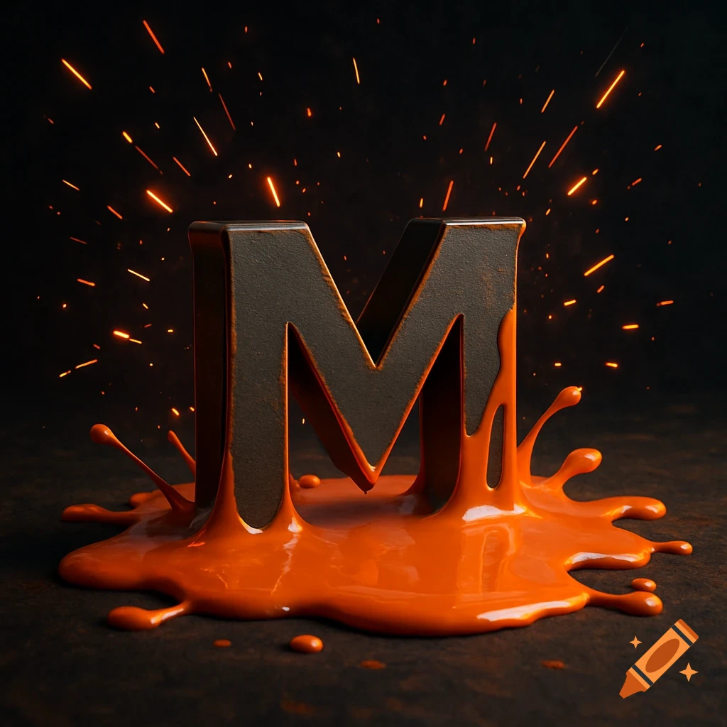 A dark grey 3D letter M melts into bright orange liquid with sparks flying upwards against a black background.