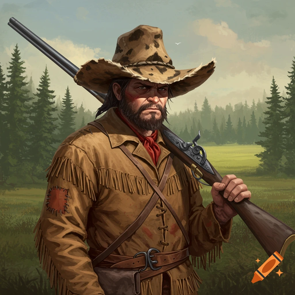A rugged hunter in a buckskin jacket and wide-brimmed hat holds a rifle over his shoulder in a forest clearing.