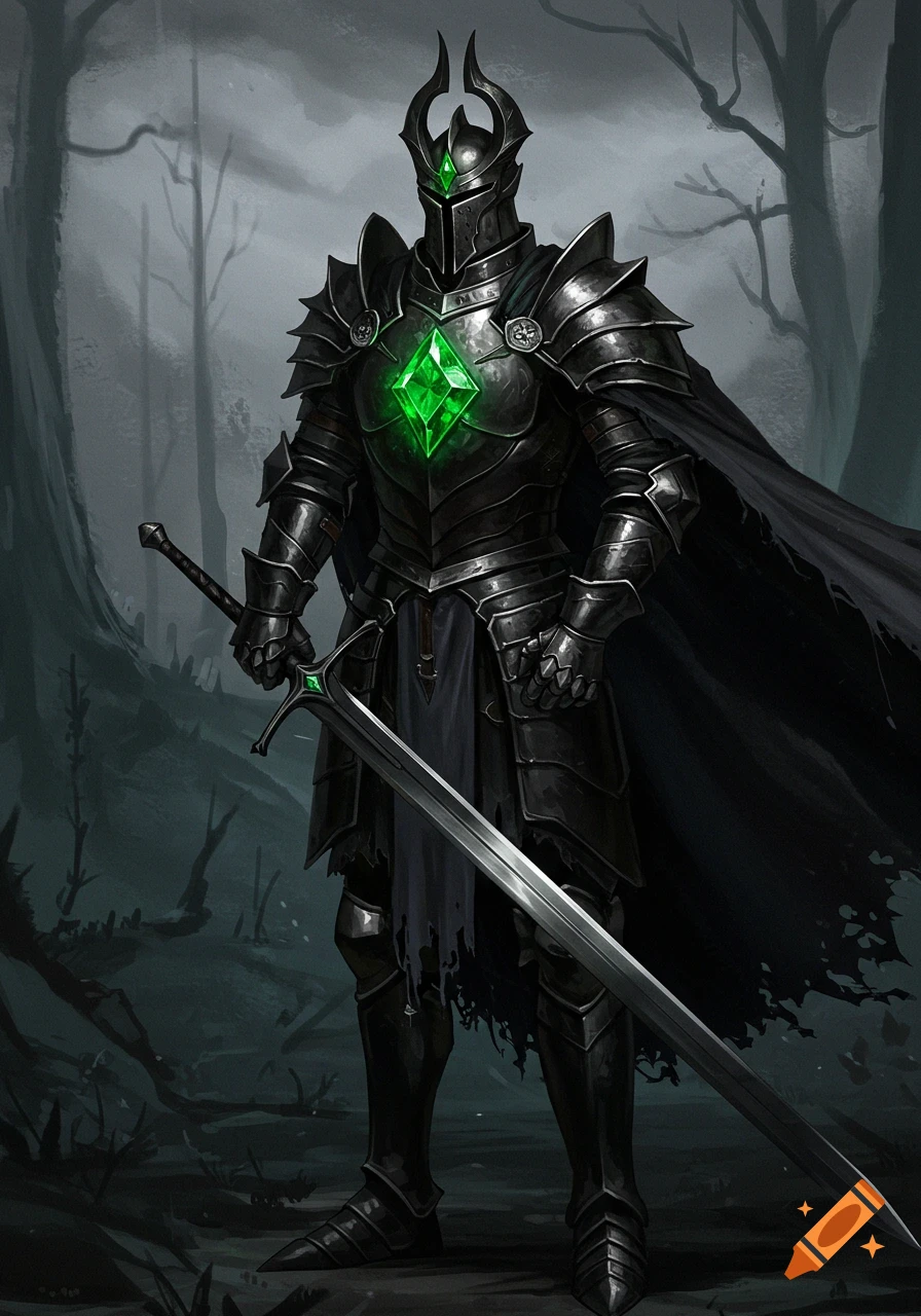 A dark fantasy illustration of a knight in black armor with a green glowing gem on the chest, holding a long sword in a forest.