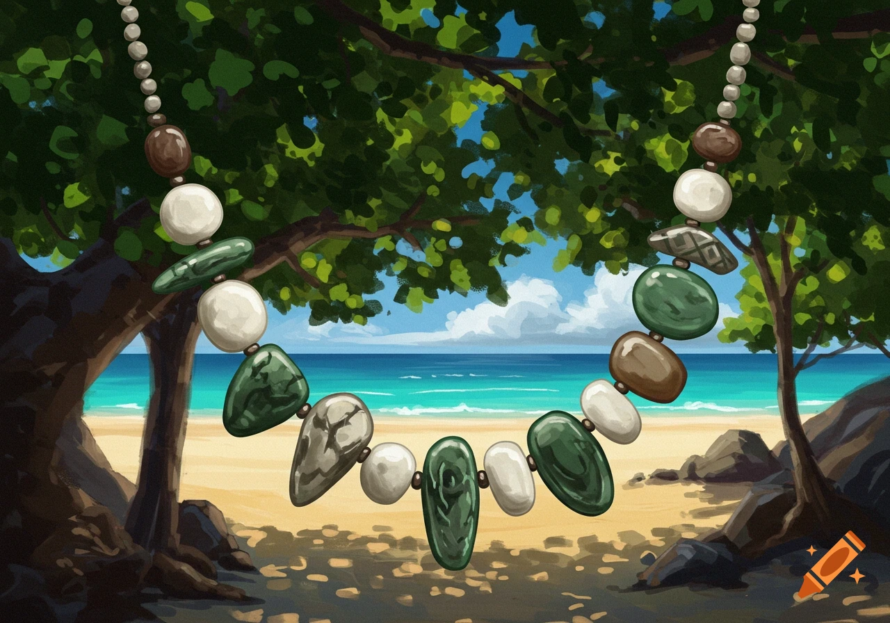 A large beaded necklace hangs from a tree over a tropical beach scene.