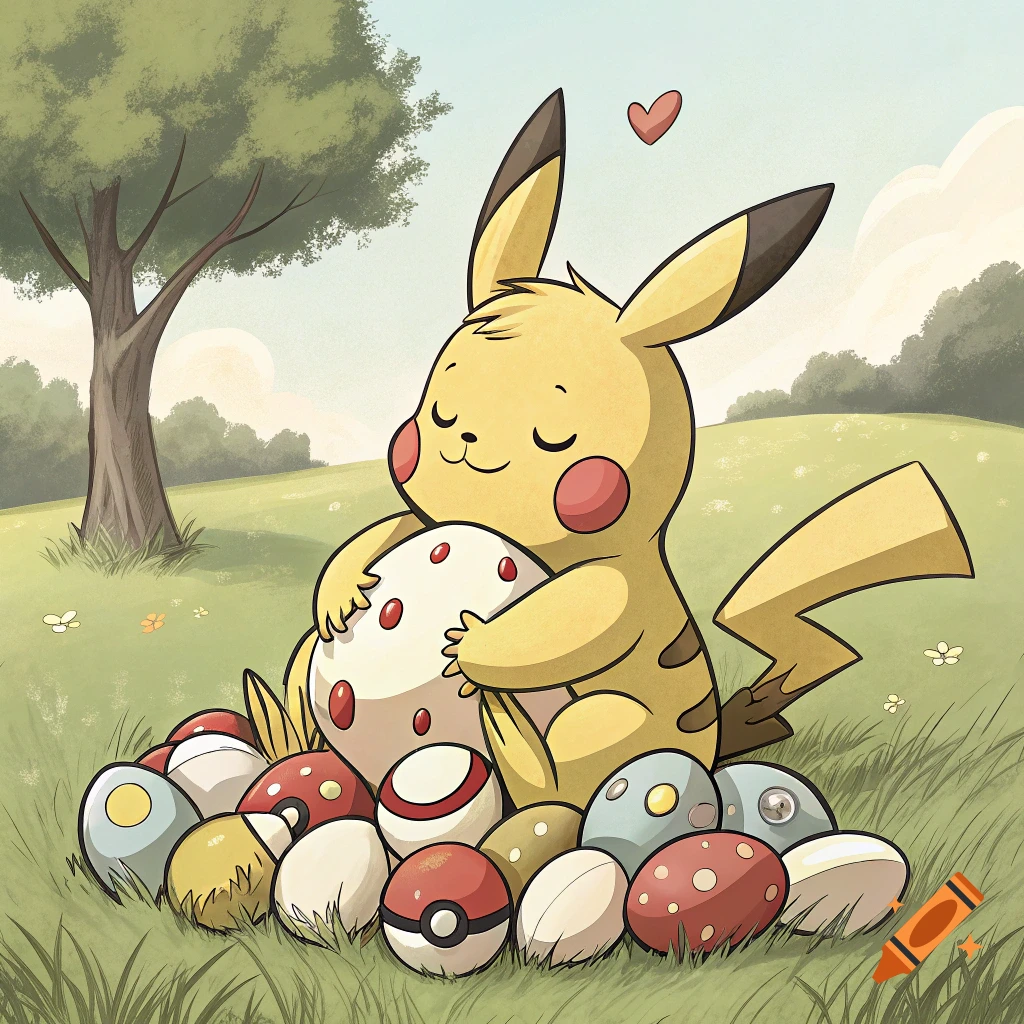 Cartoon Pikachu hugging a large decorated egg among other eggs in a grassy field.