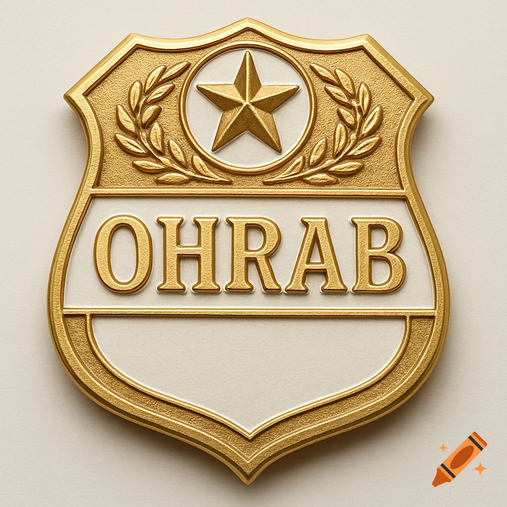 A gold and white badge with a star, laurel leaves, and the text OHRAB.