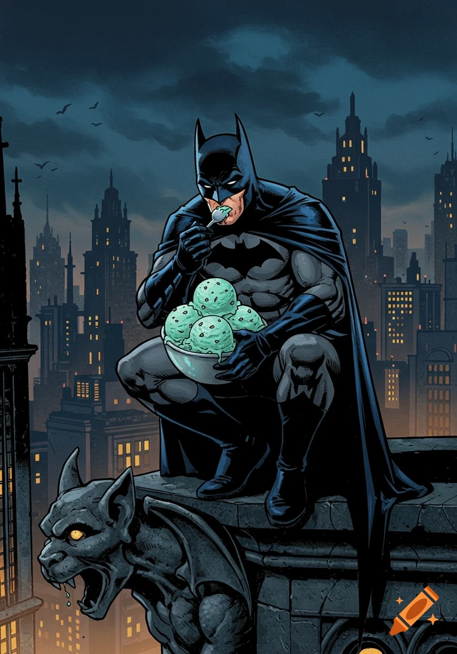 Batman sits on a rooftop gargoyle, eating mint chocolate chip ice cream from a bowl against a city skyline, comic art style.