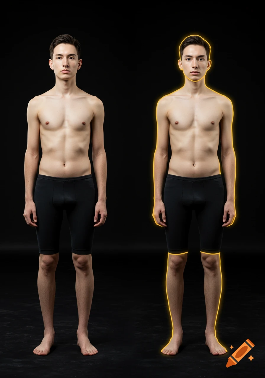 Two identical men stand side-by-side against black, one outlined in yellow.