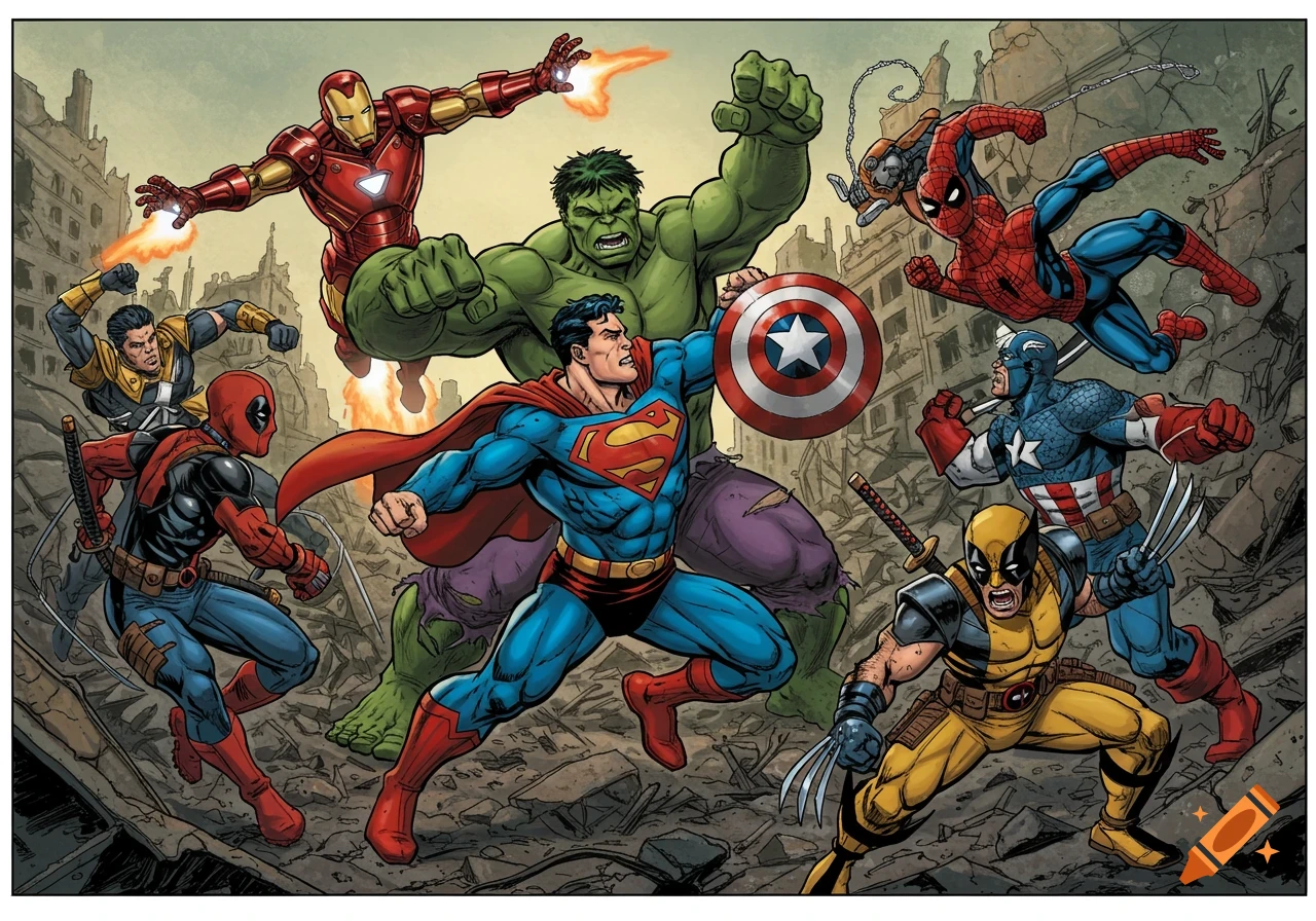 Superman fights Iron Man, Hulk, Spider-Man, Captain America, Deadpool, and Wolverine in a comic book battle scene.
