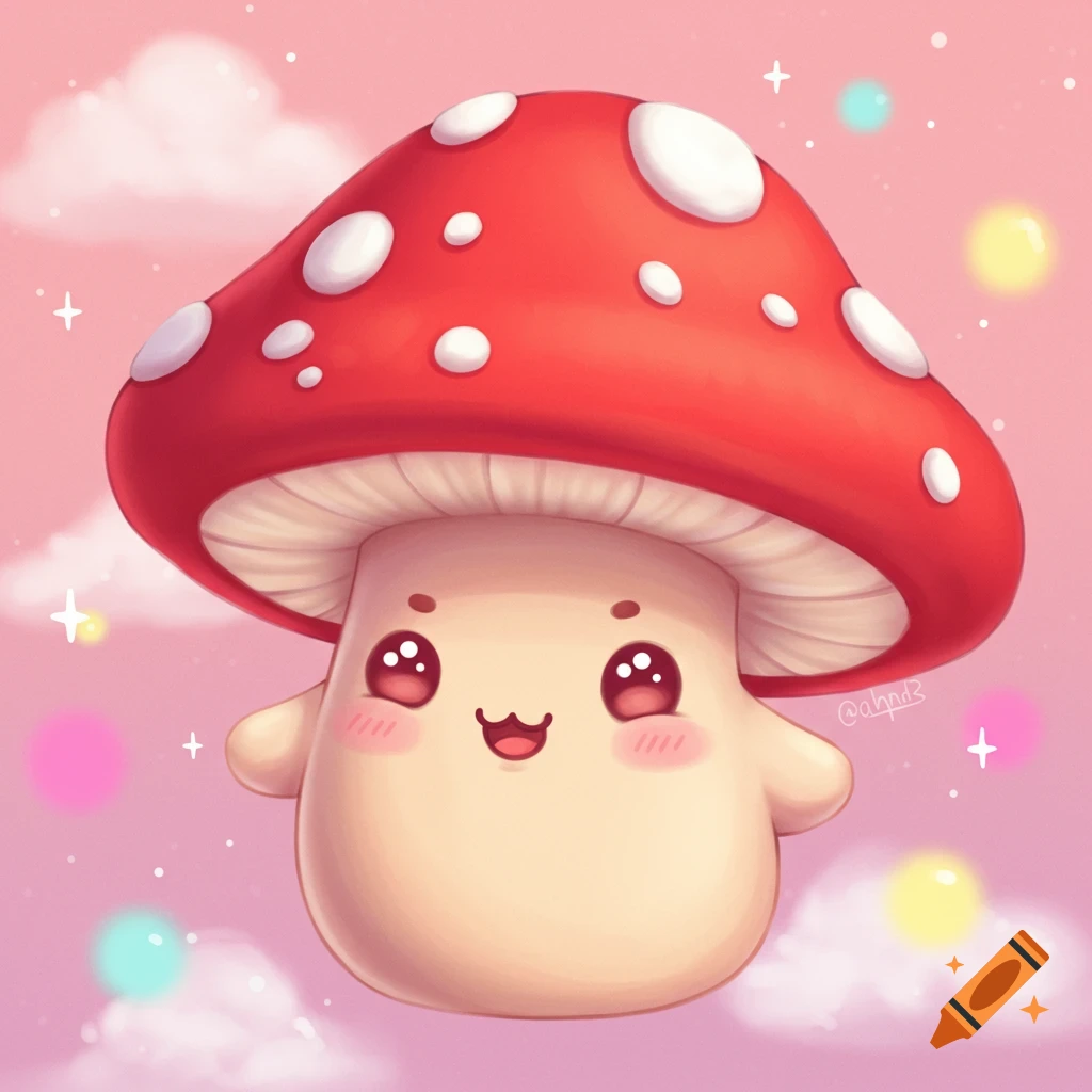 A cute cartoon mushroom character floats in a pink sky with clouds and sparkles.