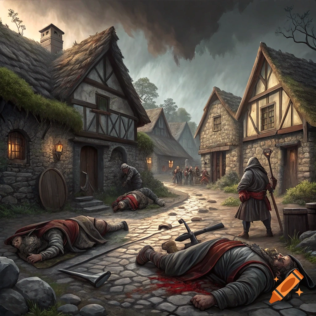 Digital painting of dead dwarves in a fantasy village street under a stormy sky.