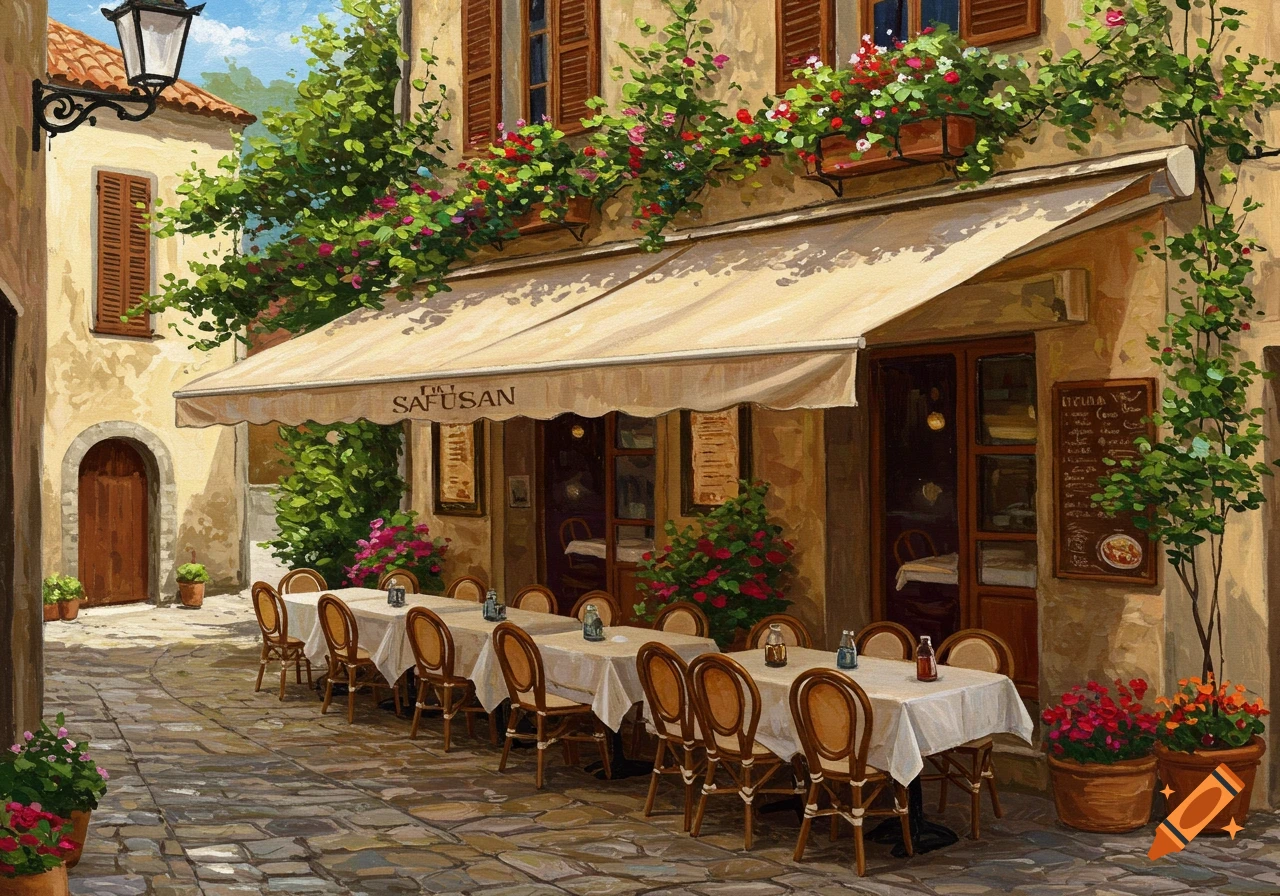 A painting of an outdoor cafe in a village street with tables, chairs, and flowers.