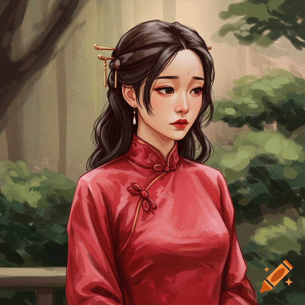 Digital illustration of a woman in a red qipao outdoors.