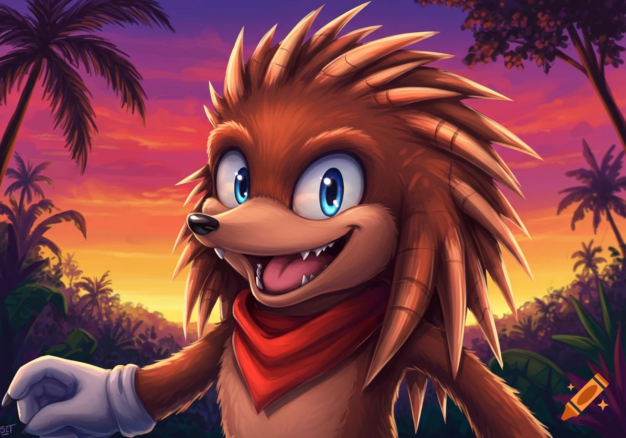 An illustration of a brown spiky fantasy character with blue eyes and a red bandana grinning in a tropical jungle at sunset.