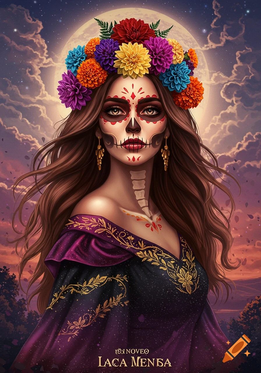Fantasy portrait of a woman with sugar skull makeup and a colorful flower crown.