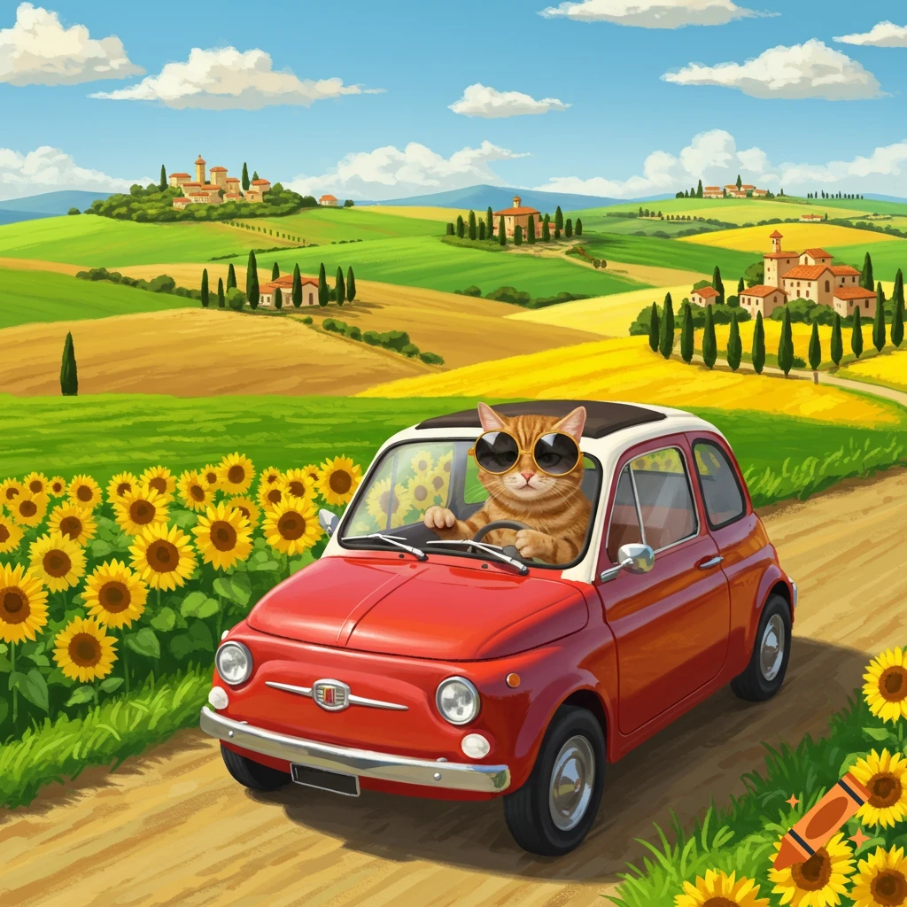 Cartoon cat wearing sunglasses driving a red car through an Italian countryside with sunflowers.