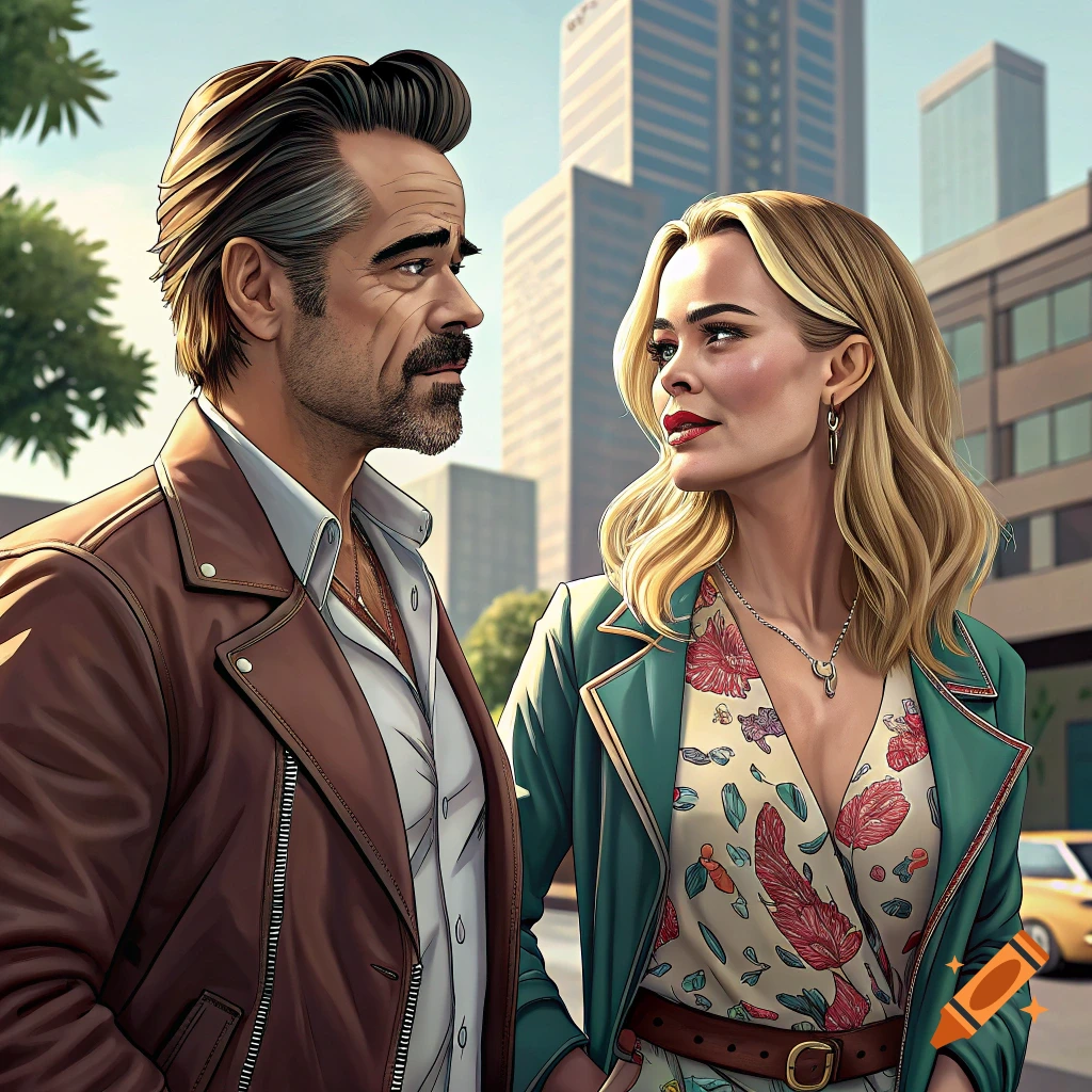 Illustration of a man and woman resembling Colin Farrell and Margot Robbie in a city.