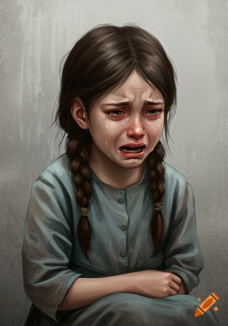 Realistic digital painting portrait of a young girl with braided hair crying, wearing a blue-grey dress.