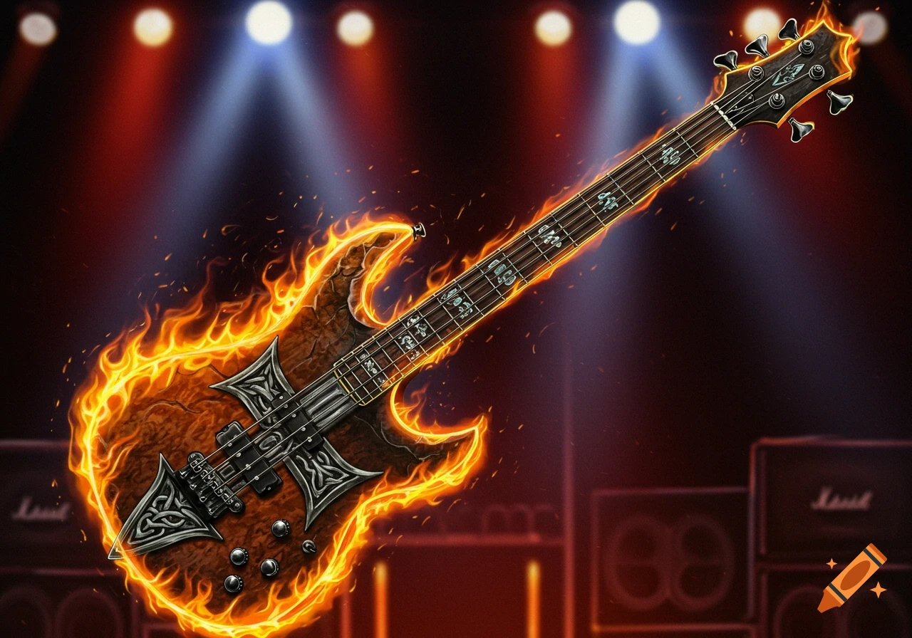 A flaming bass guitar on a stage with spotlights and amplifiers.