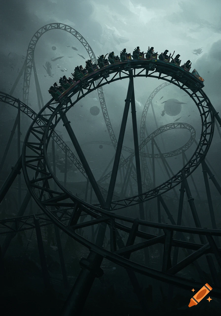 Roller coaster car ascending a loop in a dark, cloudy sky with strange floating objects.