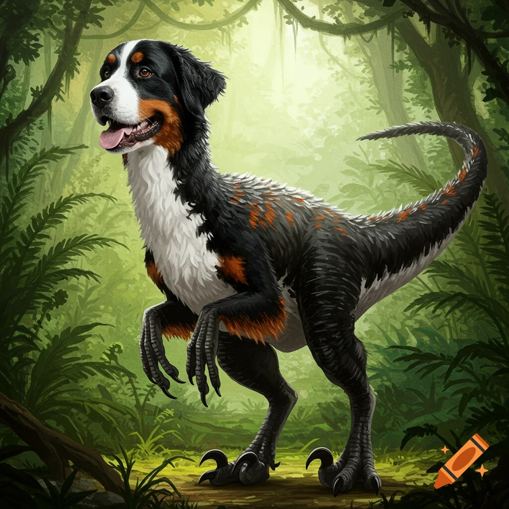 A Bernese Mountain Dog colored velociraptor stands in a jungle.