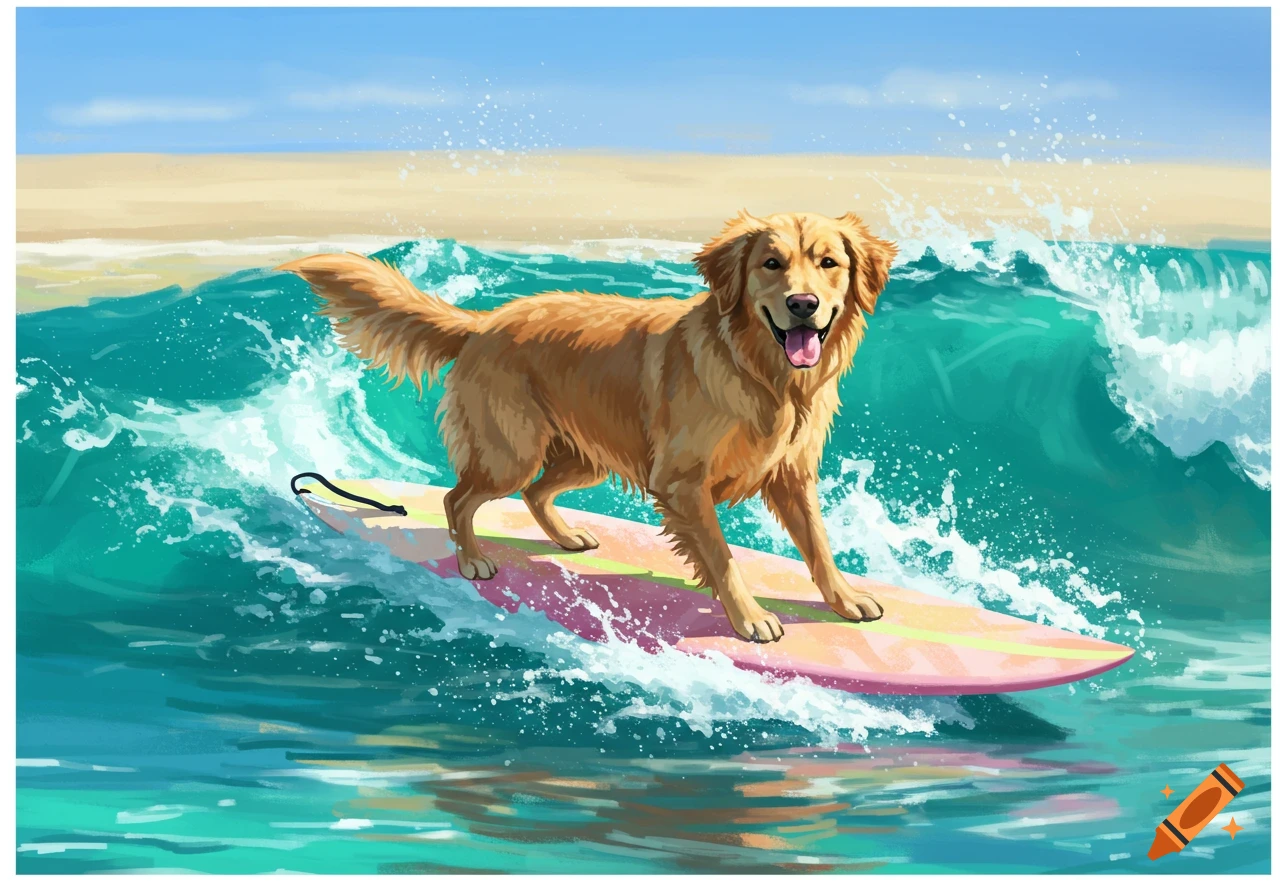 A golden retriever surfing a wave on a colorful surfboard in a painterly style.