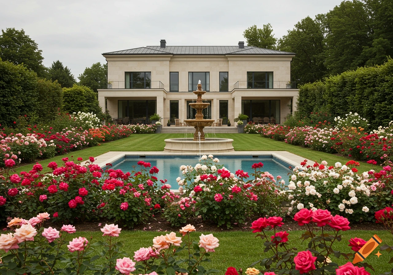 A large house with a pool, fountain, and extensive rose gardens.