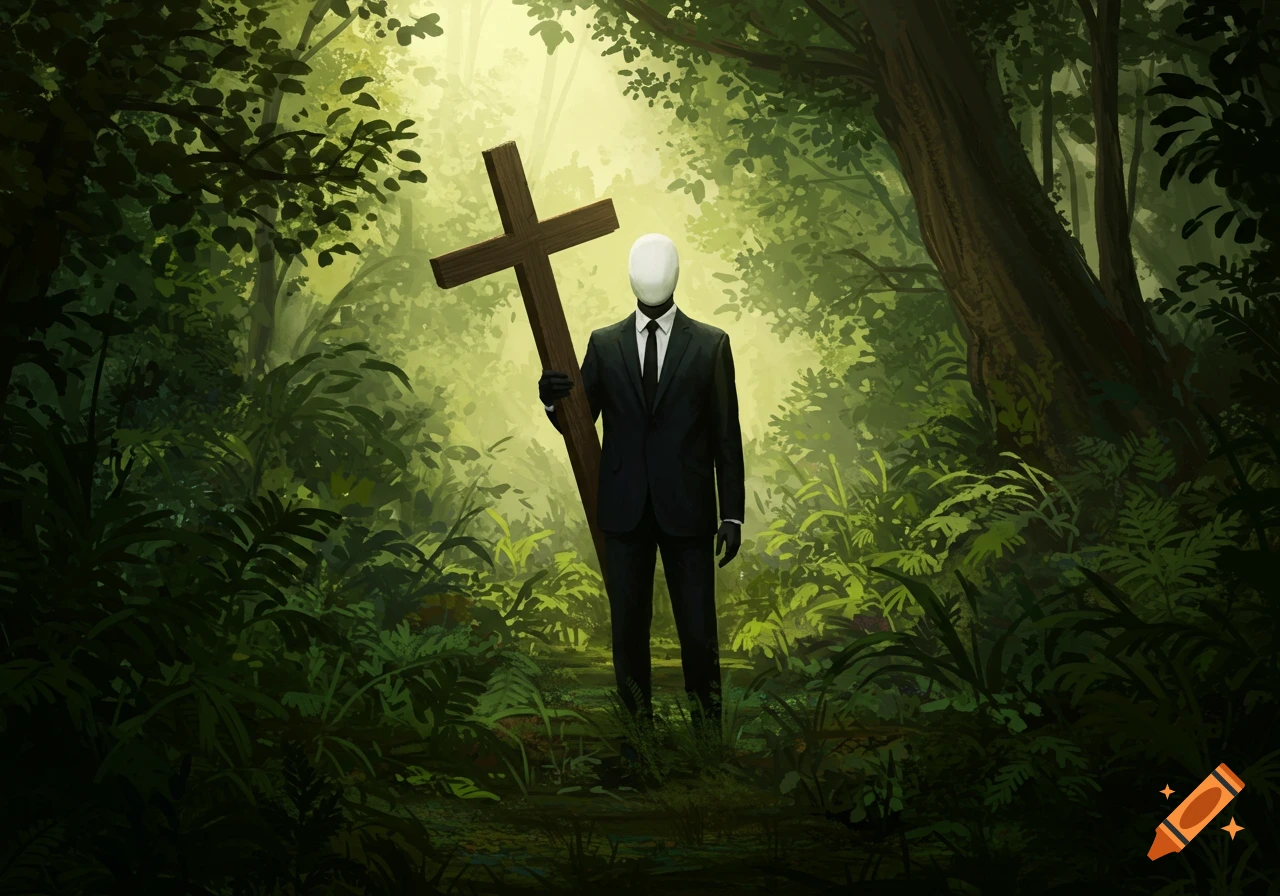 A faceless man in a black suit holds a large wooden cross in a dark, misty forest.