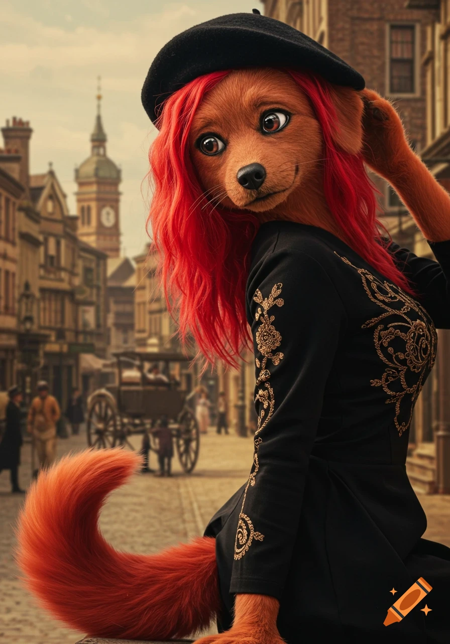 Anthropomorphic dog woman with red hair and a beret in a street