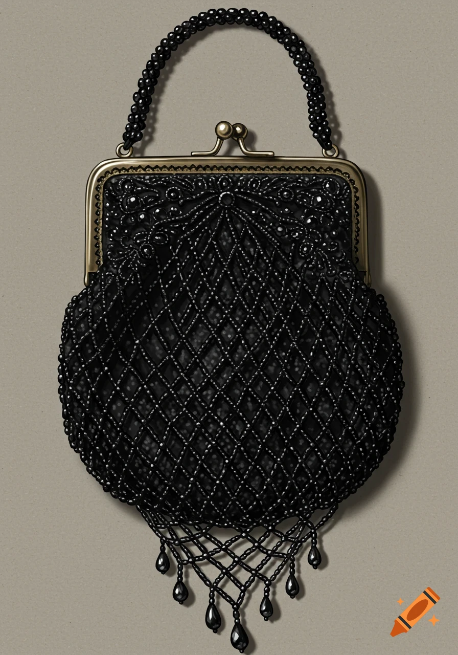 Black beaded Victorian purse with netting and hanging fringe against a plain background.