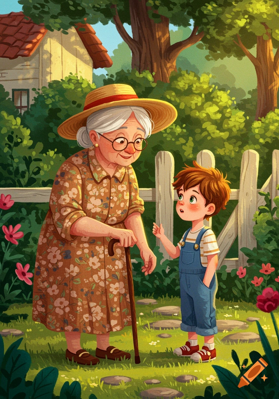 Illustration of an old woman with a cane talking to a young boy in a sunny garden.