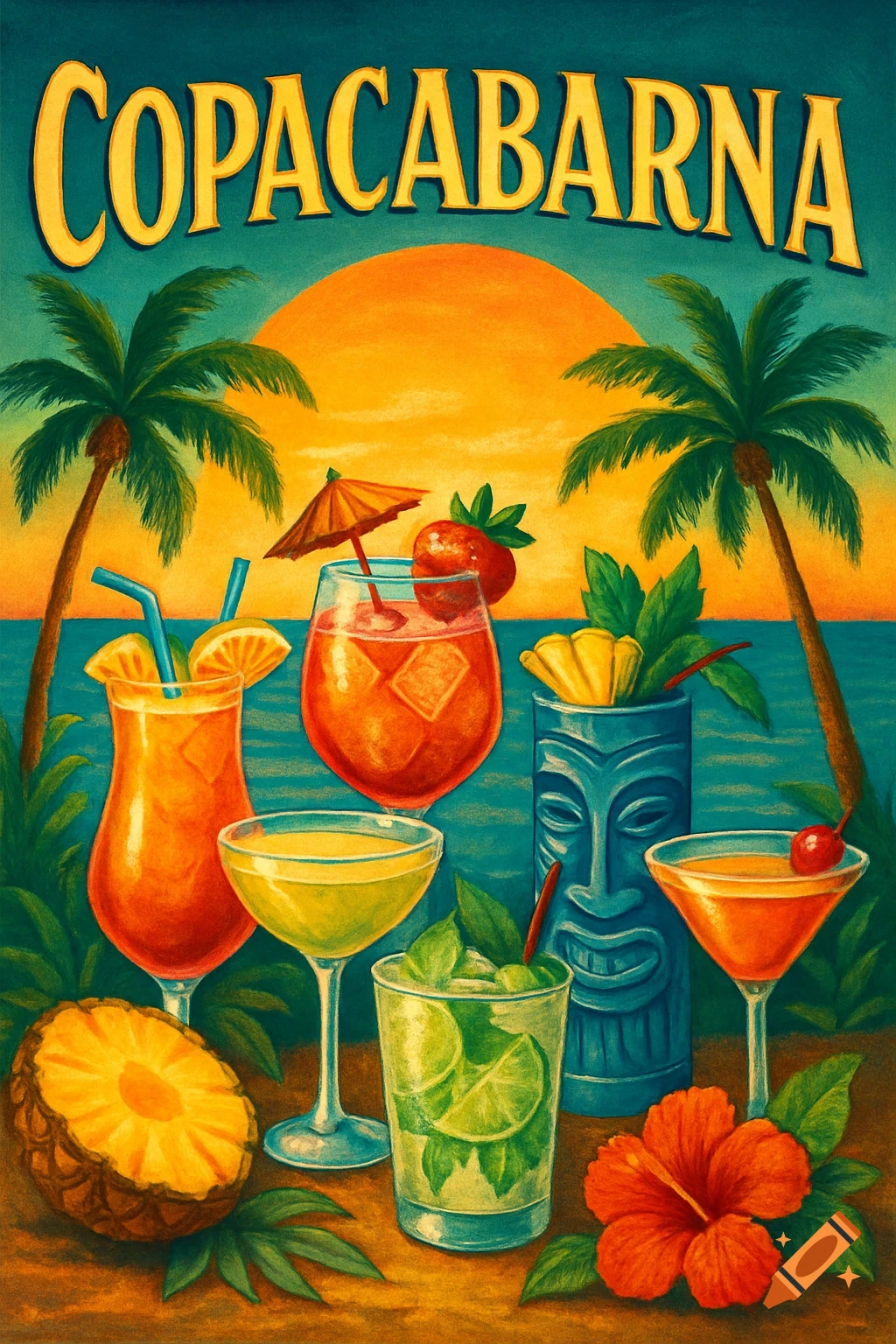 Vintage style poster with tropical cocktails, palm trees, sunset, tiki mug, and the text COPACABARNA.