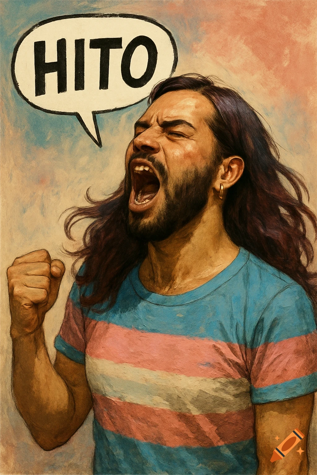 Painting of a person with a beard yelling, wearing a trans pride shirt, with a speech bubble saying HITO.