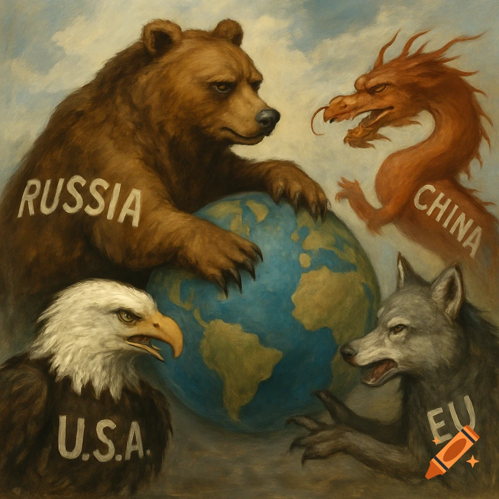 Painting of a bear, dragon, eagle, and wolf labeled Russia, China, USA, and EU around a globe, representing international politics.