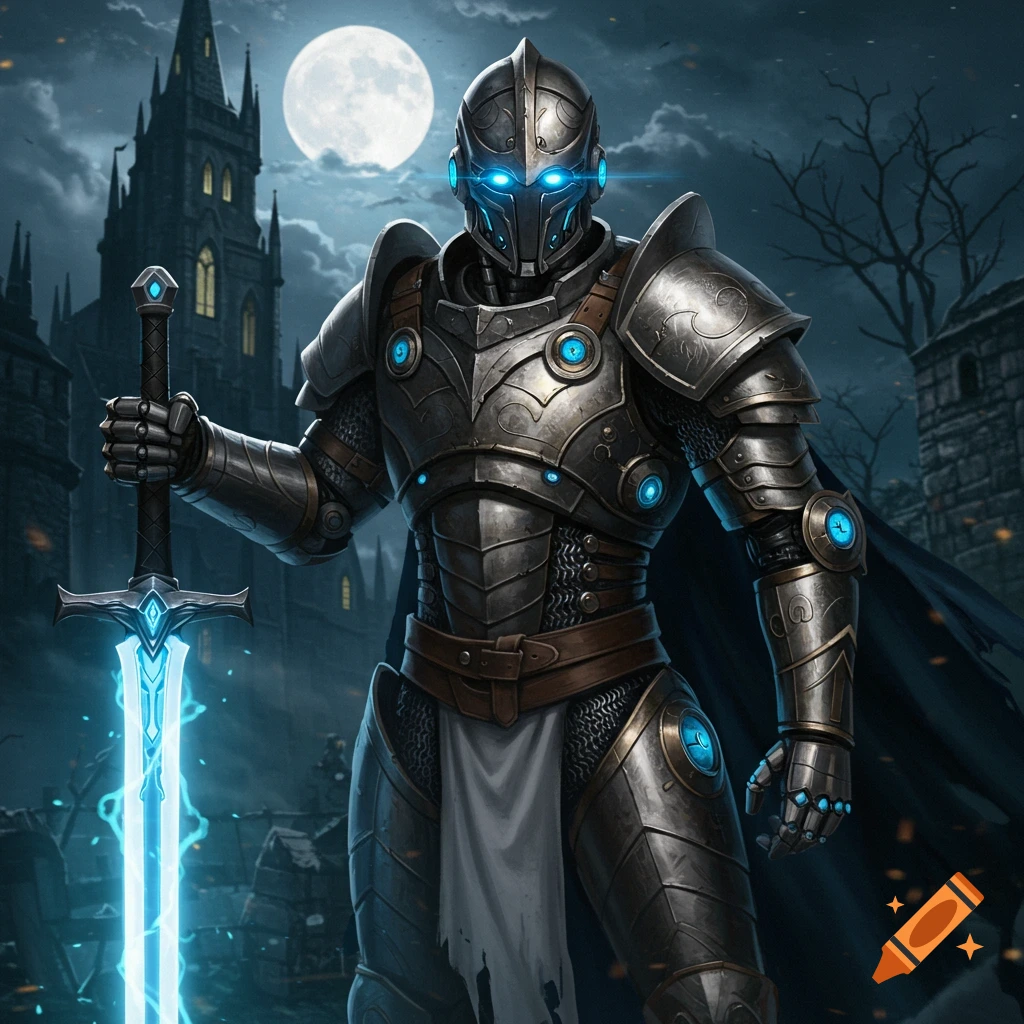 A robot knight in futuristic armor holds a glowing sword in front of a castle under a full moon.
