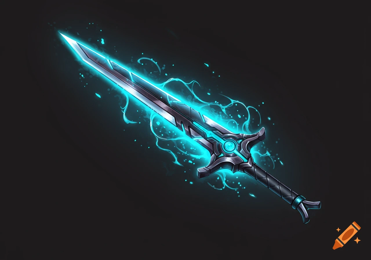 A fantasy sword glowing with a blue aura.