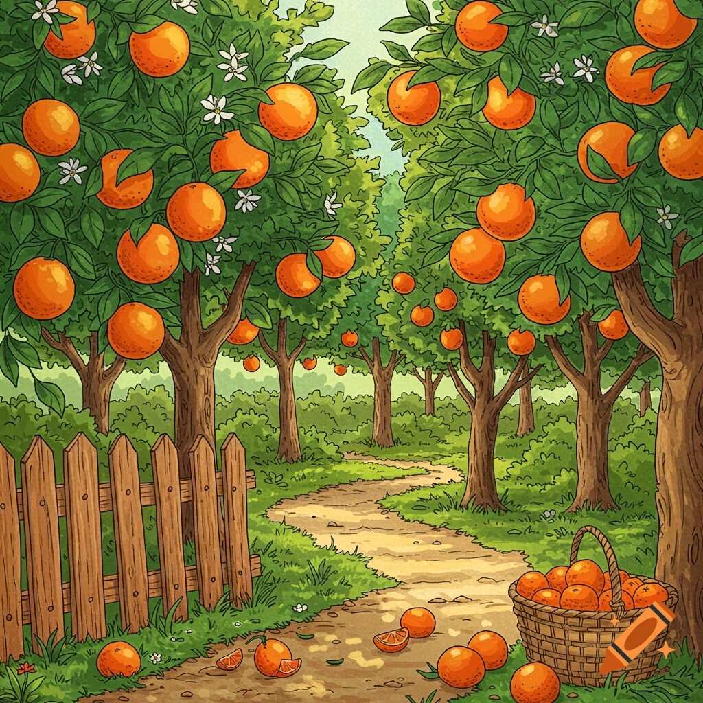 A coloring book drawing of a path through an orange grove with trees full of oranges and a basket of fruit.