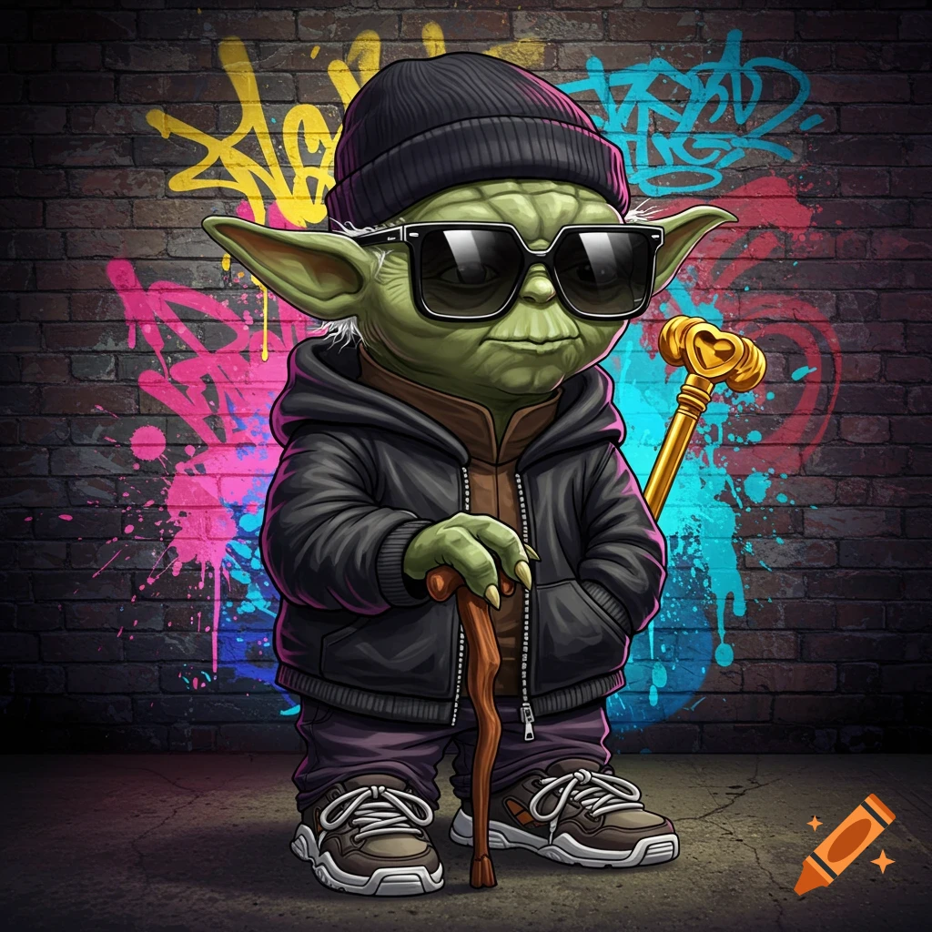 Yoda wearing a beanie, sunglasses, and hoodie, standing against a graffiti wall.