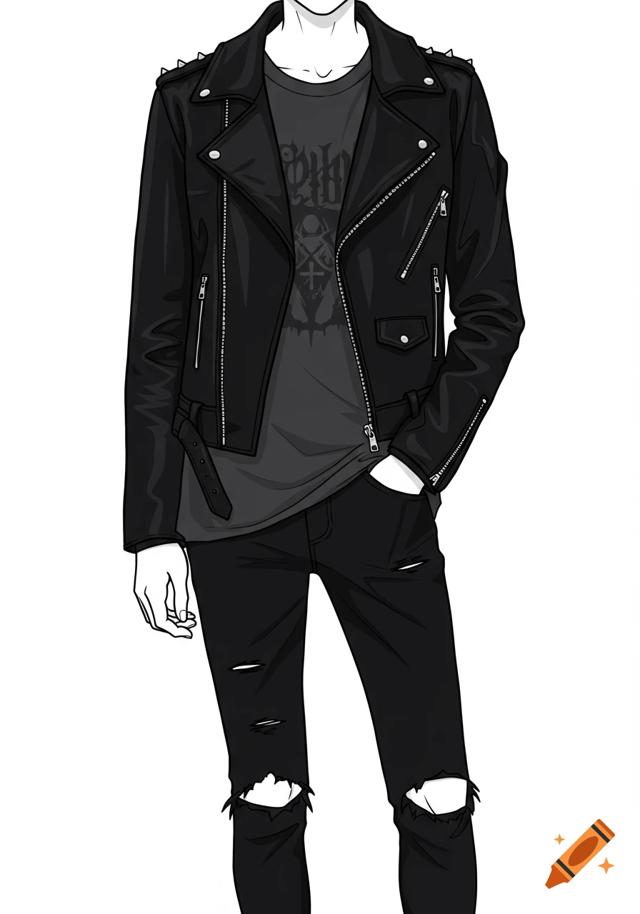 Anime style line art drawing of a person in goth fashion: black leather jacket, ripped jeans, graphic tee.