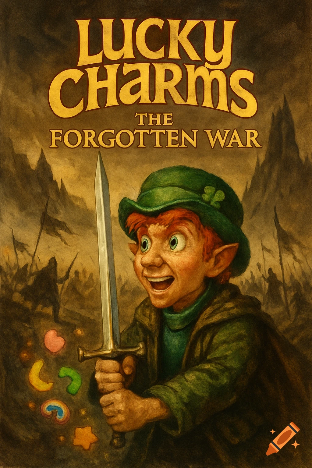 A movie poster in a Lord of the Rings style shows Lucky the Leprechaun holding a sword with cereal pieces. Text reads "Lucky Charms The Forgotten War".