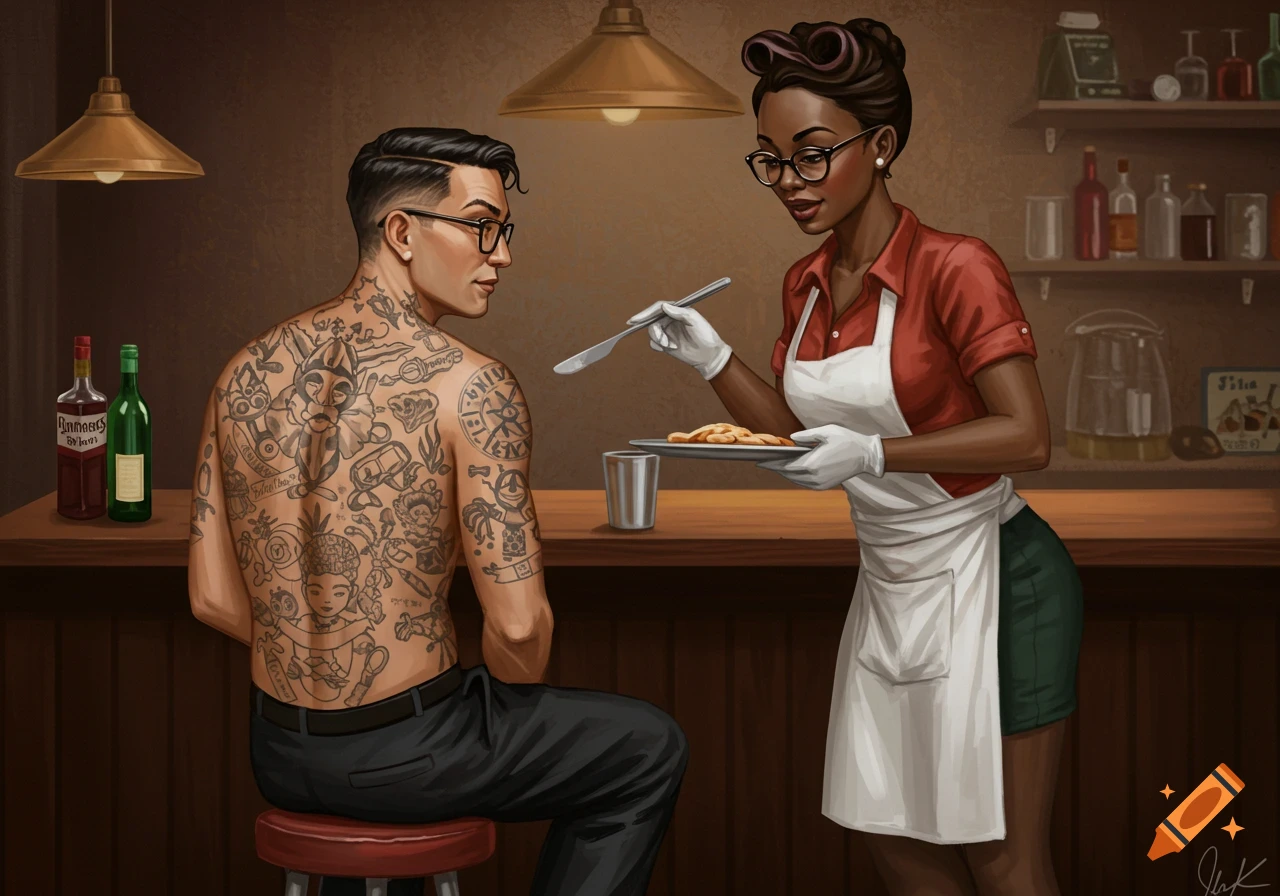 Man with tattooed back sits at a bar, served by a woman in pinup attire