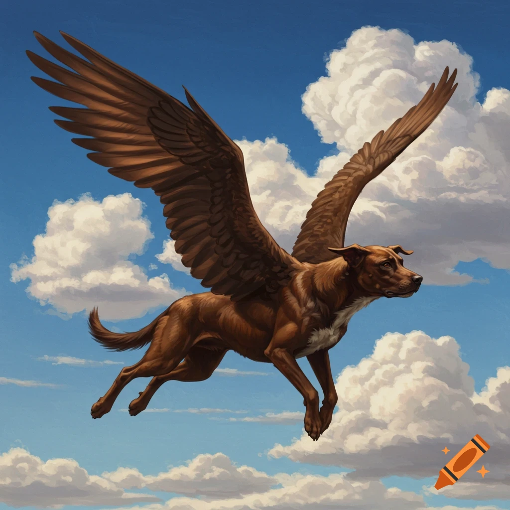 A brown dog with large brown wings flies through a blue sky filled with fluffy clouds.