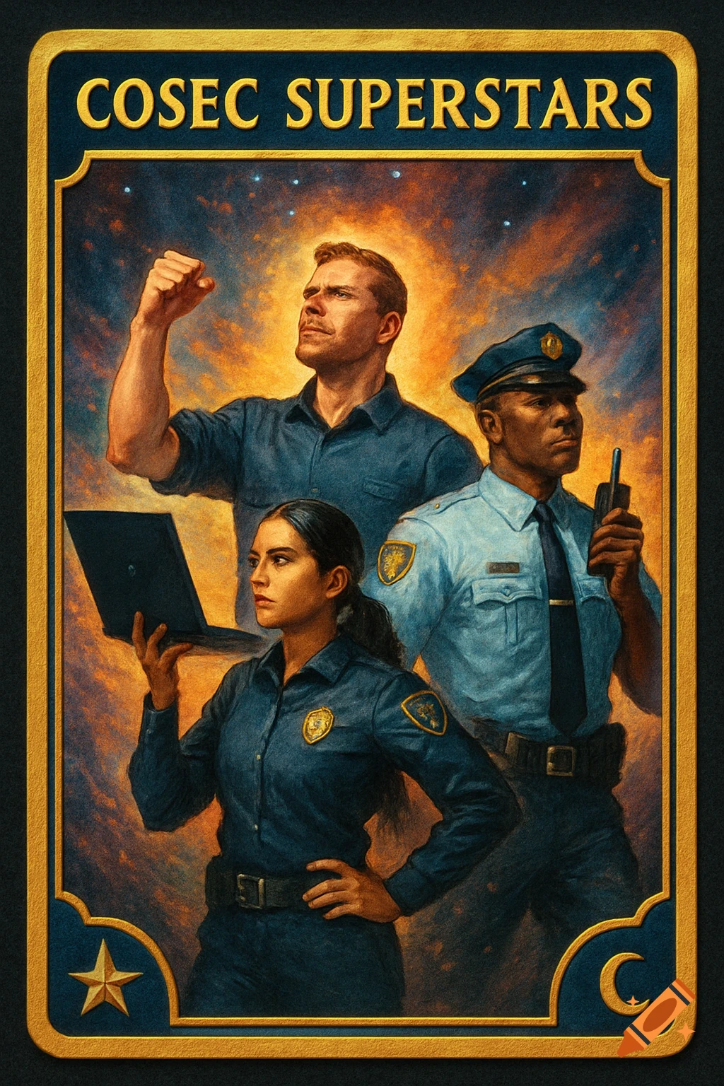 Three security or police officers pose heroically on a trading card with a starry background.