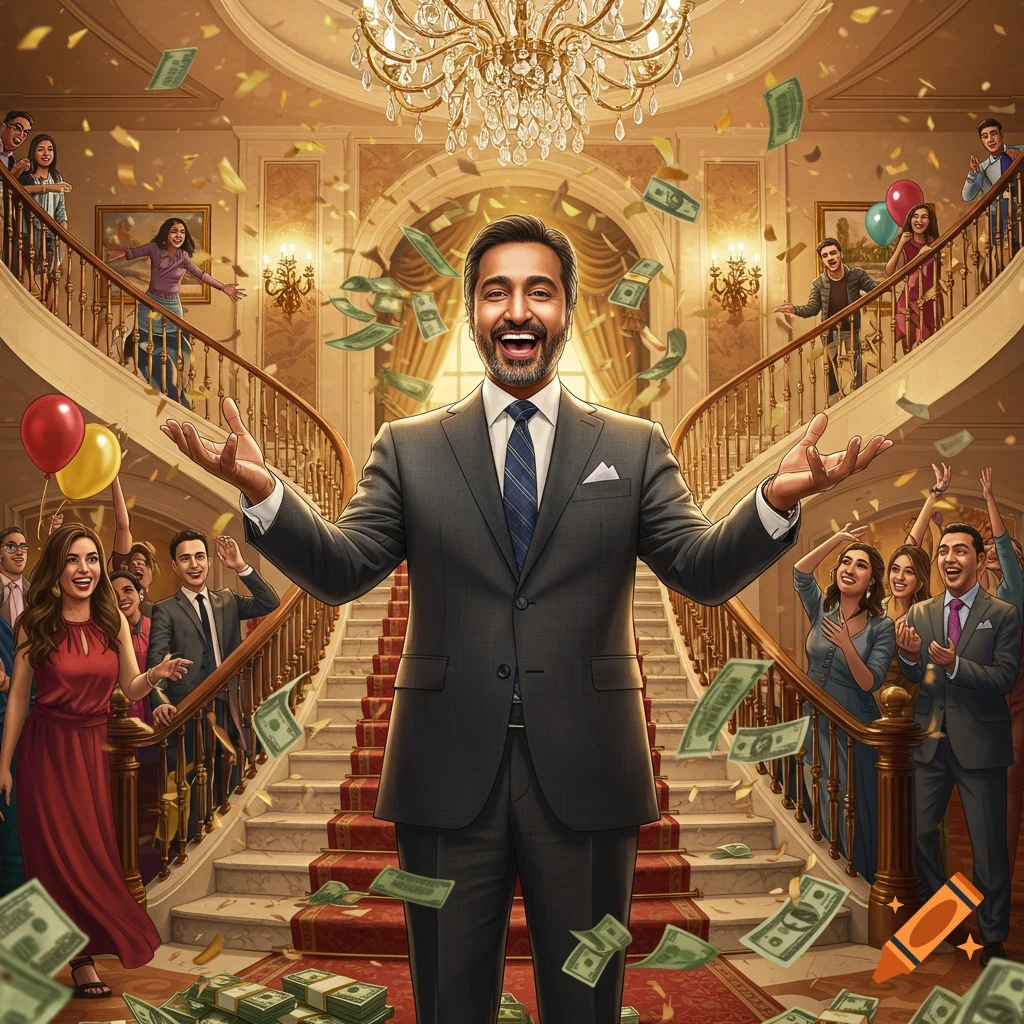A man in a suit celebrates as money falls around him and cheering people in a grand mansion.