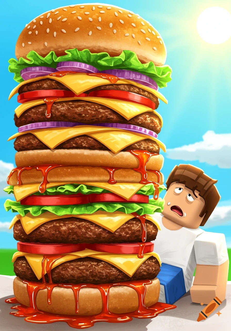 Cartoon of a tired person next to a giant, stacked burger under a bright sun.