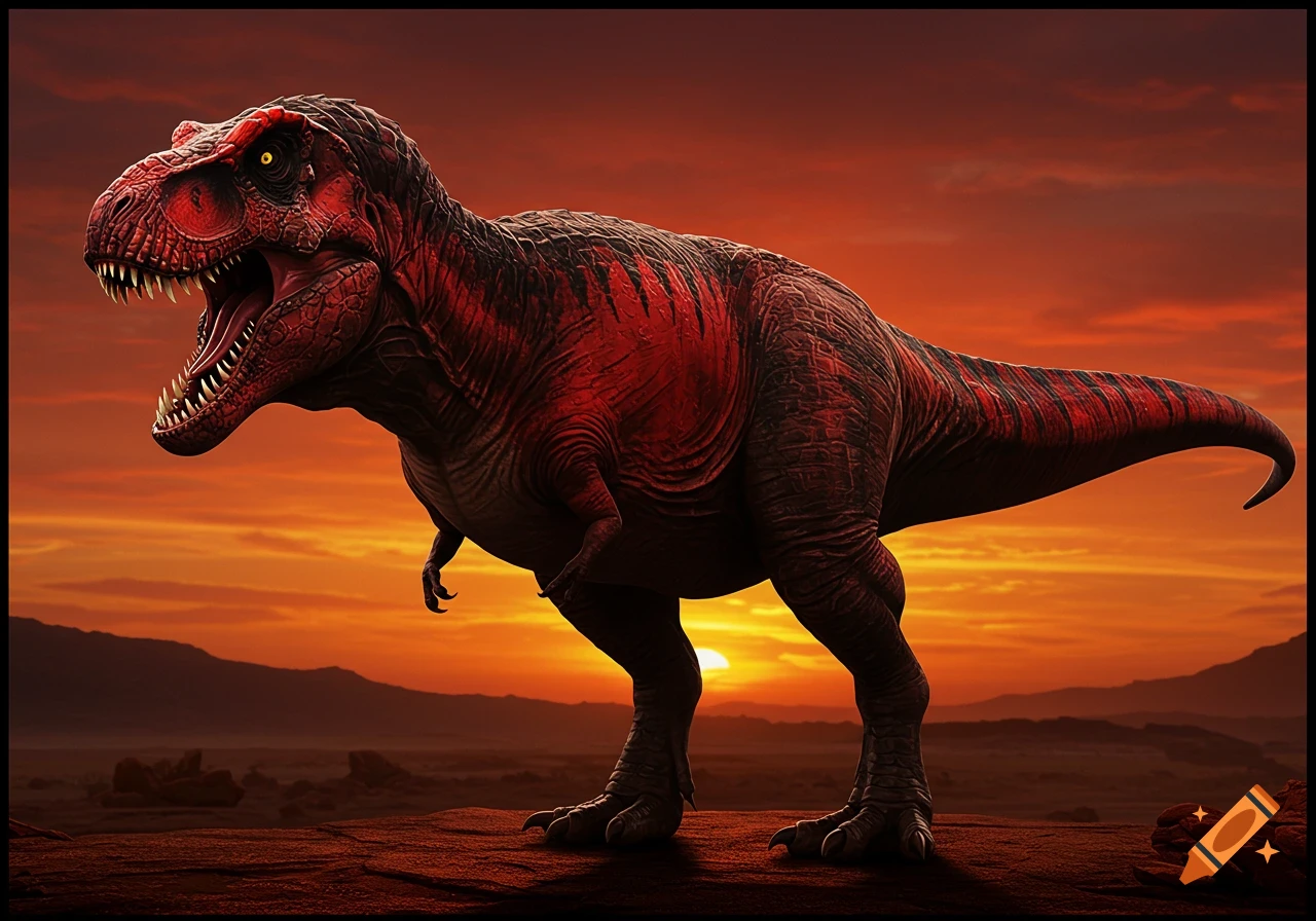 A red and black T. rex stands on a rock at sunset.