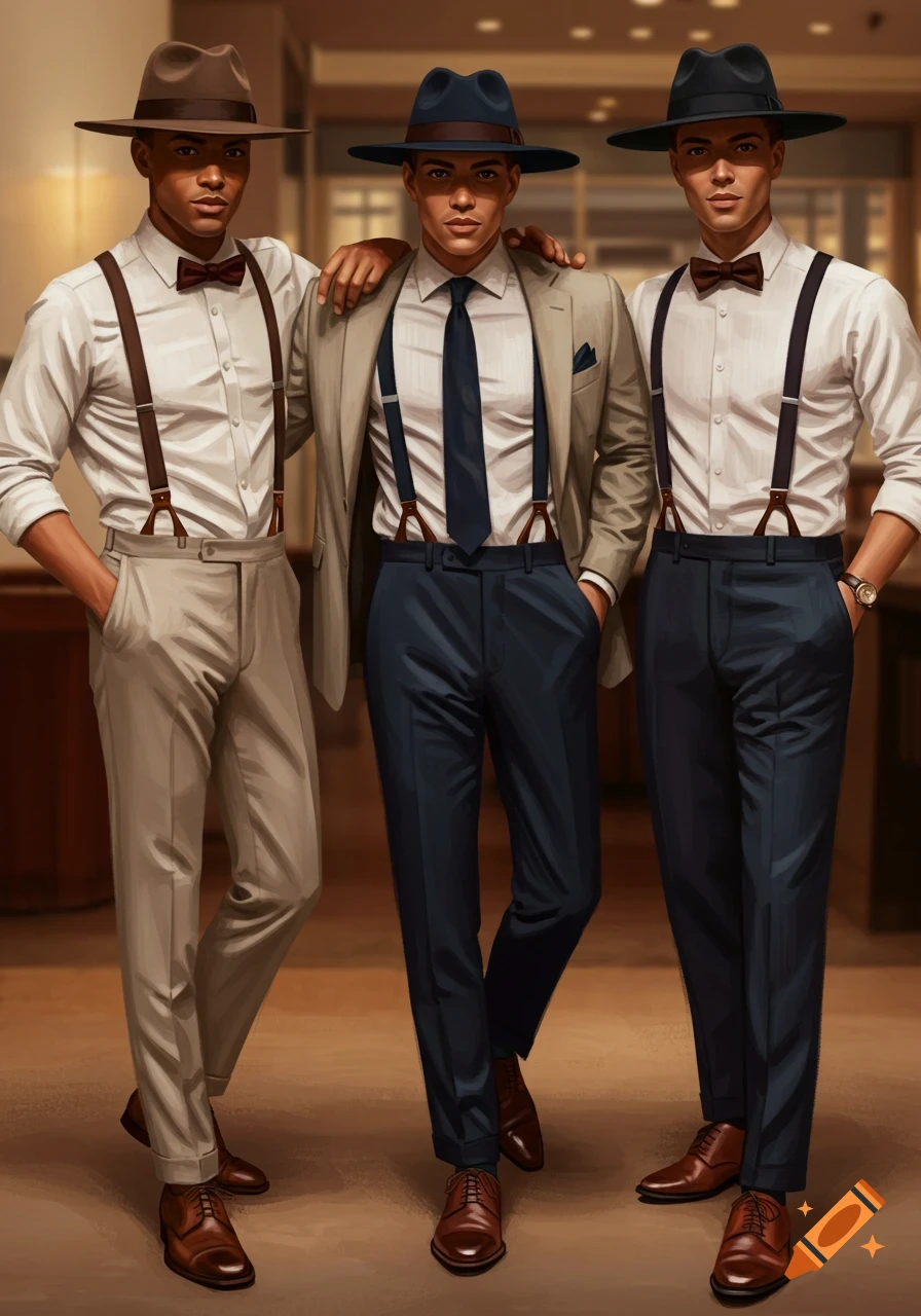 Three men in 1920s suits, suspenders, and fedoras.